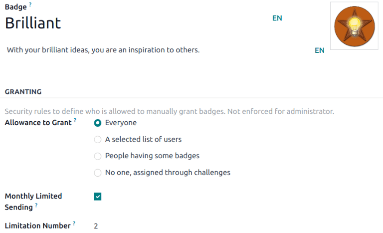 Pagina dettagli per un nuovo badge