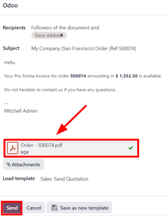 La finestra pop-up dell'email che appare con la fattura pro-forma allegata in Laundry ERP Vendite