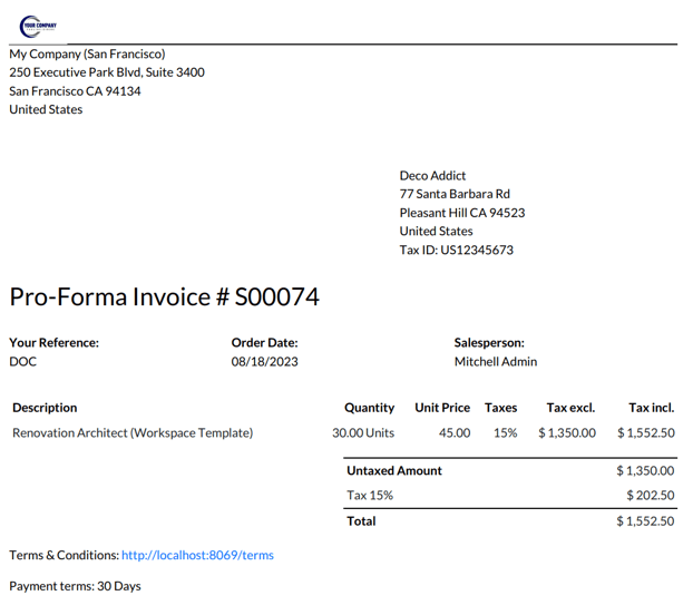 Fattura pro-forma PDF campione da Laundry ERP Vendite