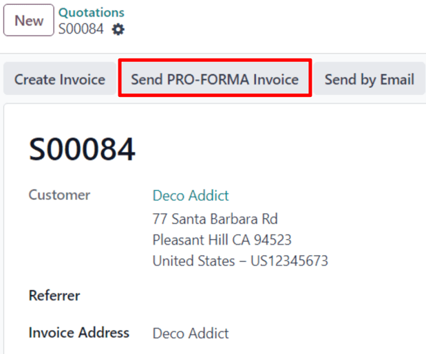 Il pulsante Invia Fattura Pro-Forma su un ordine di vendita tipico in Laundry ERP Vendite