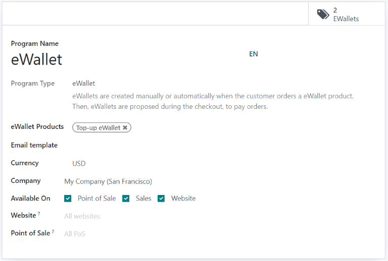 Pagina configurazione programma eWallet