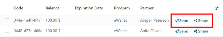 Pulsanti invia e condividi eWallet