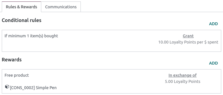Scheda Regole e Premi del modulo programma fedeltà