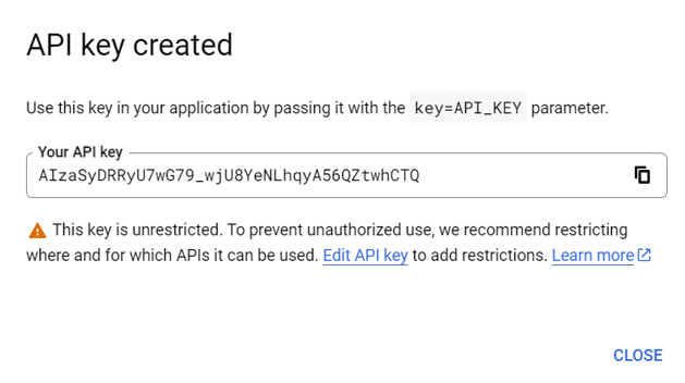 Finestra pop-up chiave API creata