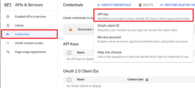 Pagina API e servizi su Google Cloud Platform