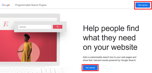 Pagina Google Programmable Search Engine con pulsanti Inizia