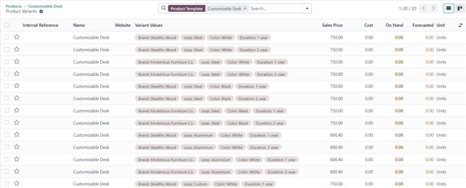 Pagina varianti accessibile tramite il pulsante intelligente varianti
