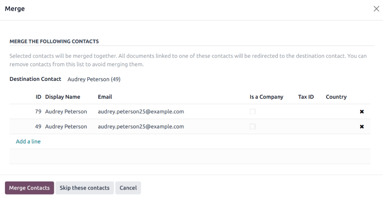 La finestra popup di unione nell'applicazione Contatti.