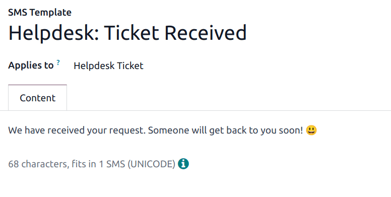 Vista della pagina di configurazione di un modello SMS in Laundry ERP Helpdesk