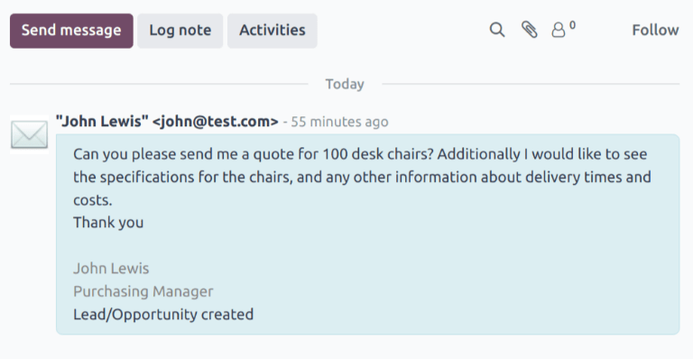 Thread chatter di un lead appena creato nell'app CRM