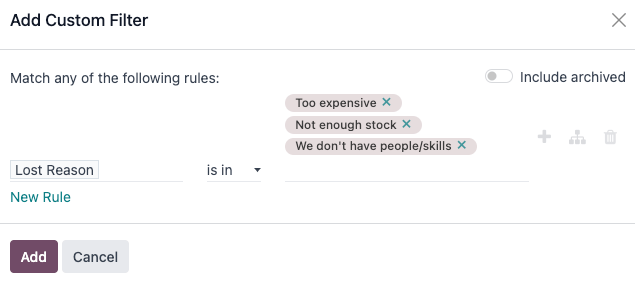 Popup Aggiungi filtro personalizzato con piu motivi di perdita selezionati