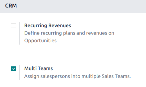 Pagina delle impostazioni dell'app CRM con l'impostazione Team multipli abilitata