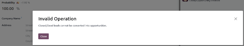 Messaggio di errore che appare quando si tenta di convertire un lead con probabilita 100% in un'opportunita