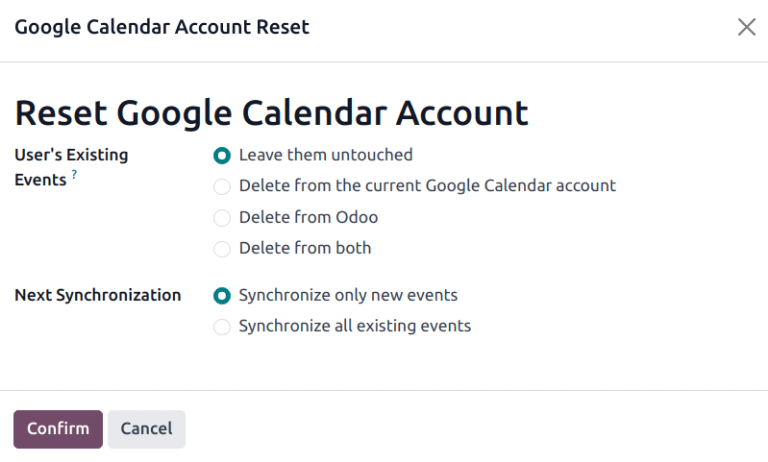 Opzioni di ripristino del calendario Google in Laundry ERP.