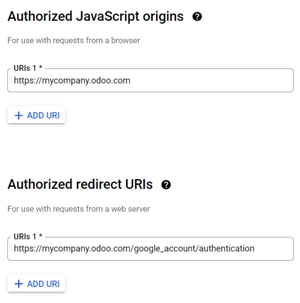 Aggiungi le origini JavaScript autorizzate e gli URI di reindirizzamento autorizzati.