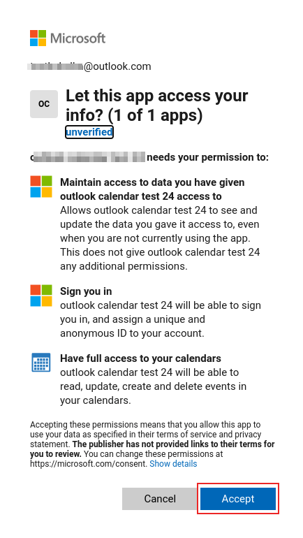 Processo di autenticazione sulla pagina OAuth di Microsoft Outlook.