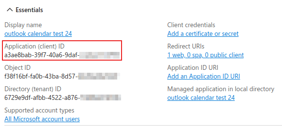 ID client applicazione evidenziato nella sezione essenziale dell'applicazione appena creata.