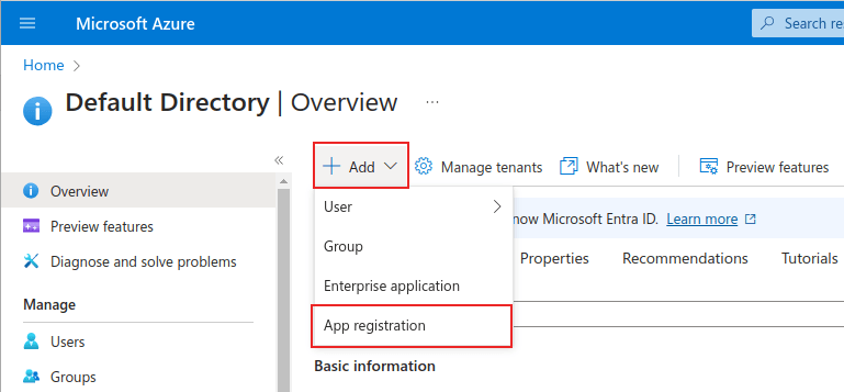 Pagina di gestione Microsoft Azure con + Aggiungi e menu Registrazione app evidenziati.
