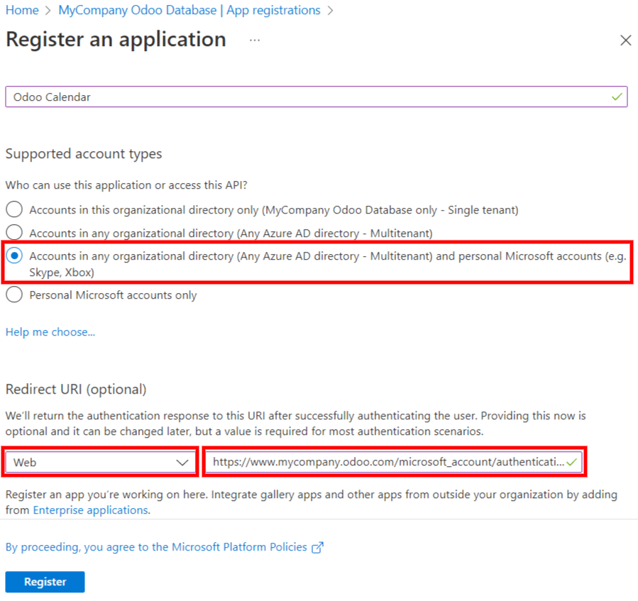 Le impostazioni "Tipo di account supportato" e "URI di reindirizzamento" nel portale Microsoft Entra ID.