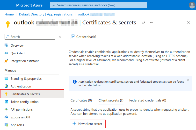 Nuova pagina segreto client con menu certificati e segreti e opzione nuovo segreto client evidenziati.