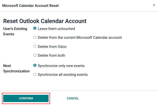 Opzioni di ripristino del calendario Outlook in Laundry ERP.
