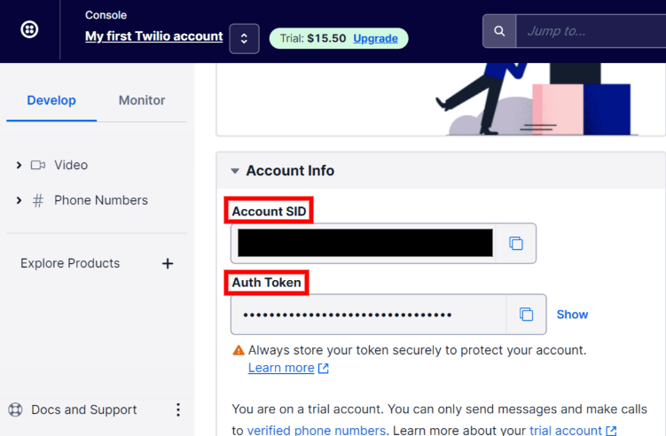 L'Account SID e l'Auth Token di Twilio possono essere trovati nella sezione Informazioni Account