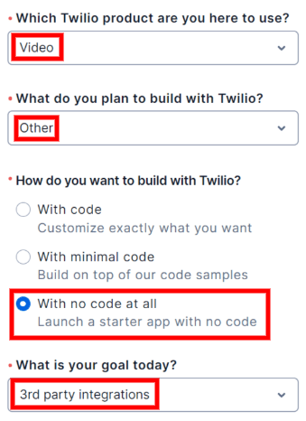 Pagina di benvenuto Twilio