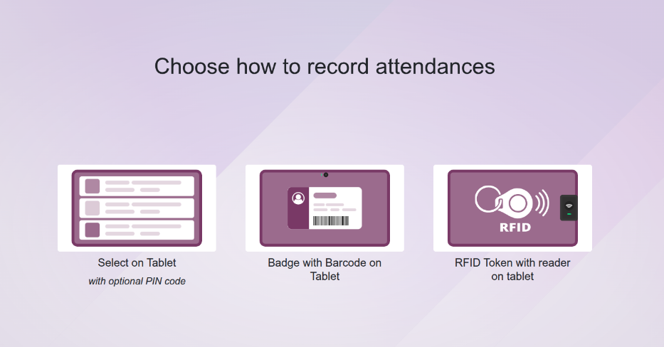Schermata di onboarding nell'app Presenze, con tre opzioni per effettuare il check-in