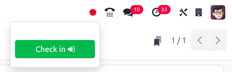 Menu principale in alto a destra con pulsante check-in evidenziato