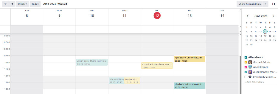 La vista calendario, evidenziando come cambiare le riunioni visualizzate.