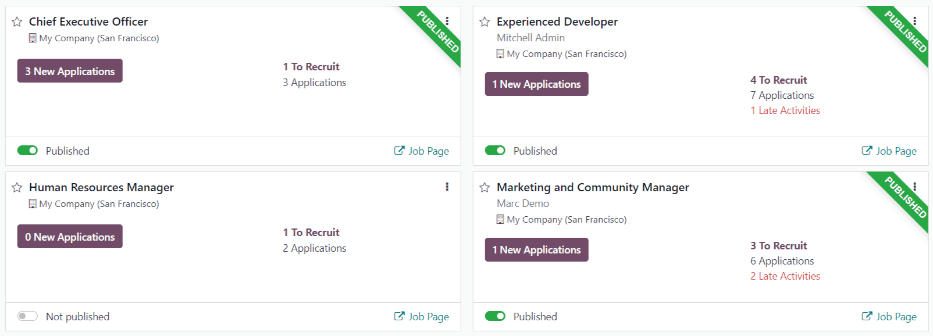 Vista dashboard principale dell'app Reclutamento che mostra tutte le posizioni lavorative.