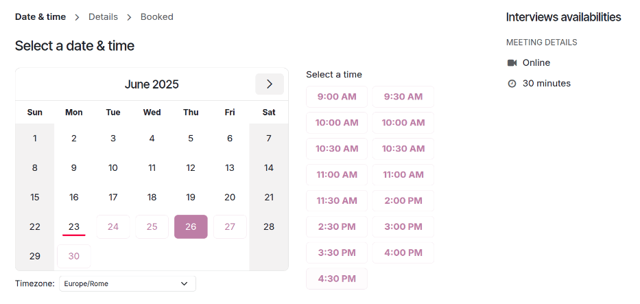 La schermata del calendario con date e orari per programmare un colloquio.