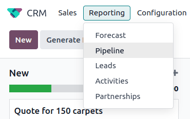 Aprire l'app CRM e fare clic sulla scheda Reportistica in alto, quindi fare clic su Pipeline