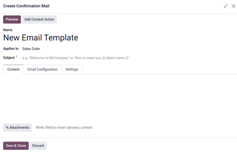 Finestra pop-up Crea email di conferma