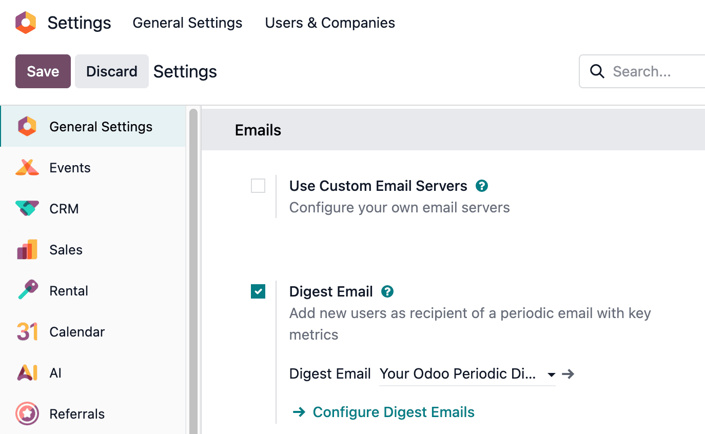 Sezione Email Digest nelle Impostazioni Generali