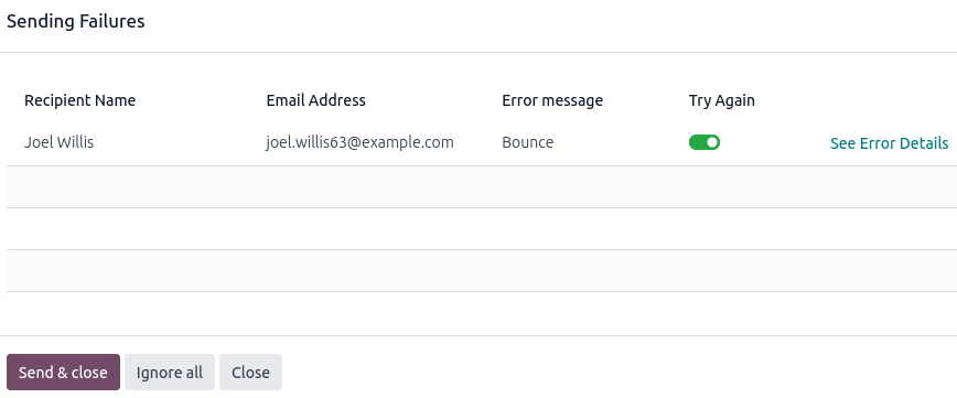 Esempio di errore di invio