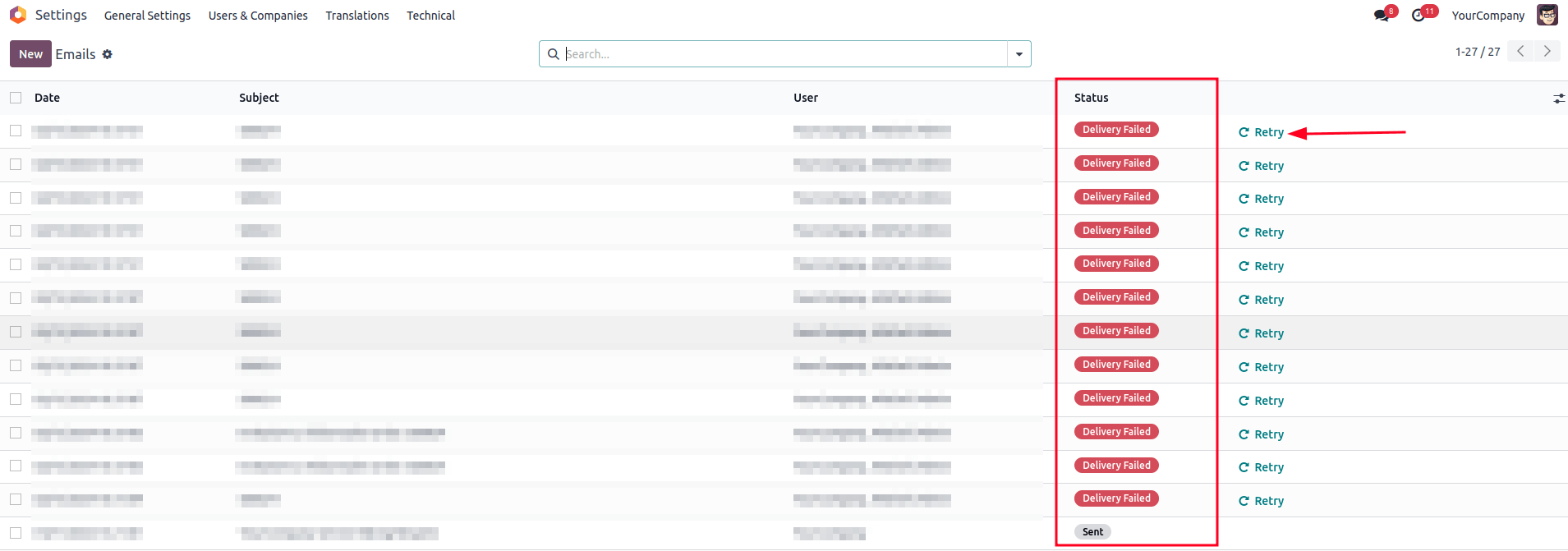 Esempio della vista coda email tecnica