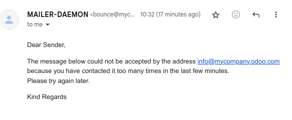 Email di rimbalzo ricevuta dopo aver tentato di contattare troppo spesso un alias.