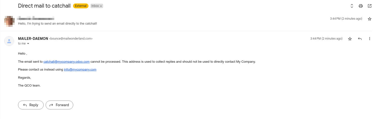 Email di rimbalzo da "MAILER-DAEMON" che spiega come contattare il database.