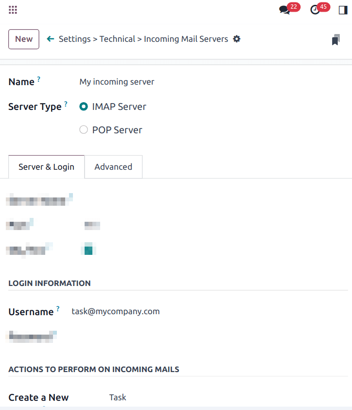 Server di posta in entrata configurato per creare task di progetto.