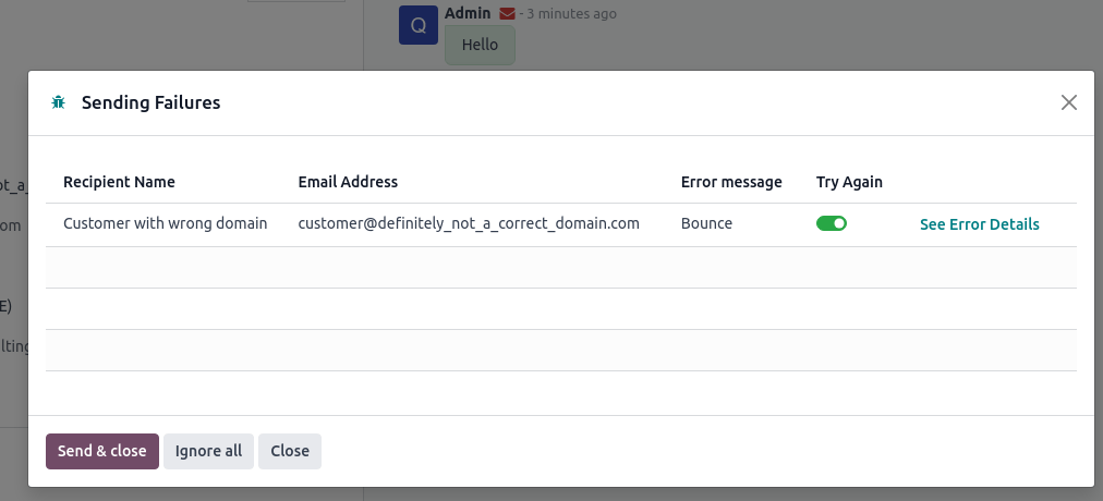 Un'email inviata a un dominio errato genera un rimbalzo visualizzato come busta rossa.