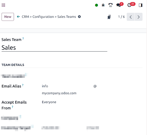 Configurazione dell'alias del team di vendita con la parte locale "info".