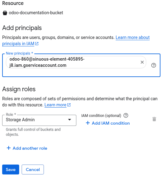 Aggiunta di un principale a un bucket Google Cloud Storage