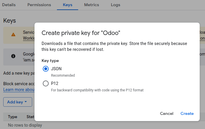 Creazione della chiave JSON dell'account di servizio Google Cloud
