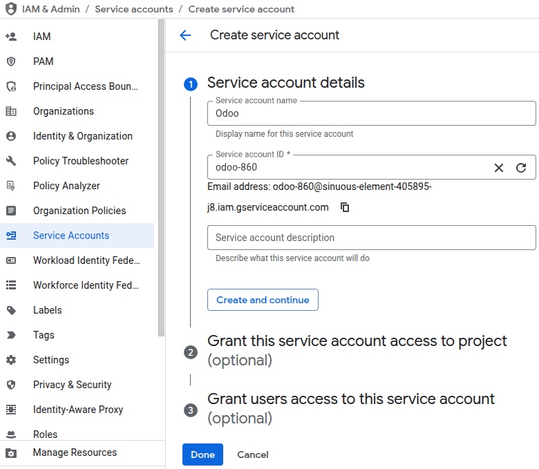 Creazione di un account di servizio Google Cloud