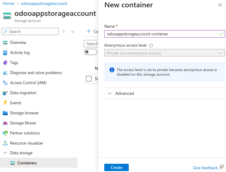 Creazione di un container di archiviazione Microsoft Azure