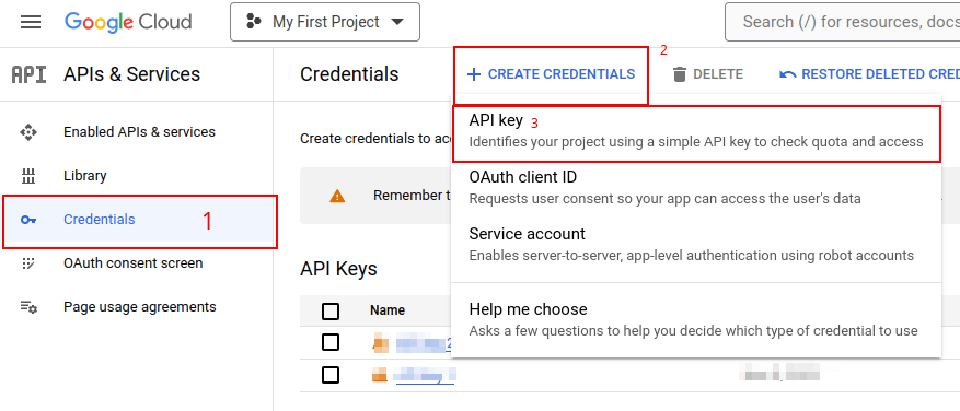 Creazione di una chiave API nella console API di Google