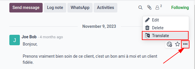 Google Translate presente nel chatter di un database Laundry ERP