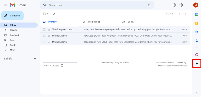 Icona del segno piu sul pannello laterale della casella di posta Gmail