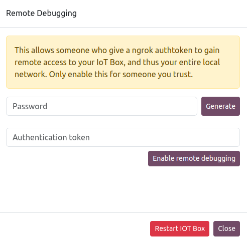 Finestra di generazione password per Remote Debugging
